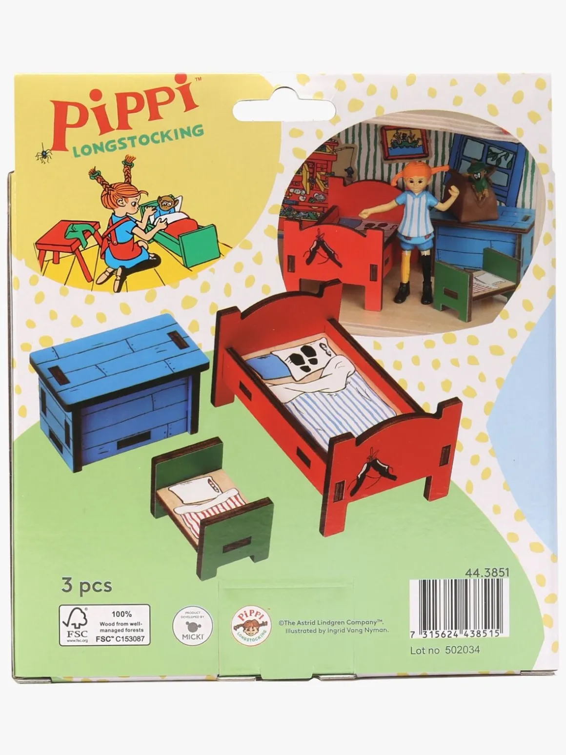 Pippi Langstrømpe Dukkehusmøbler Soveværelse 3 Dele